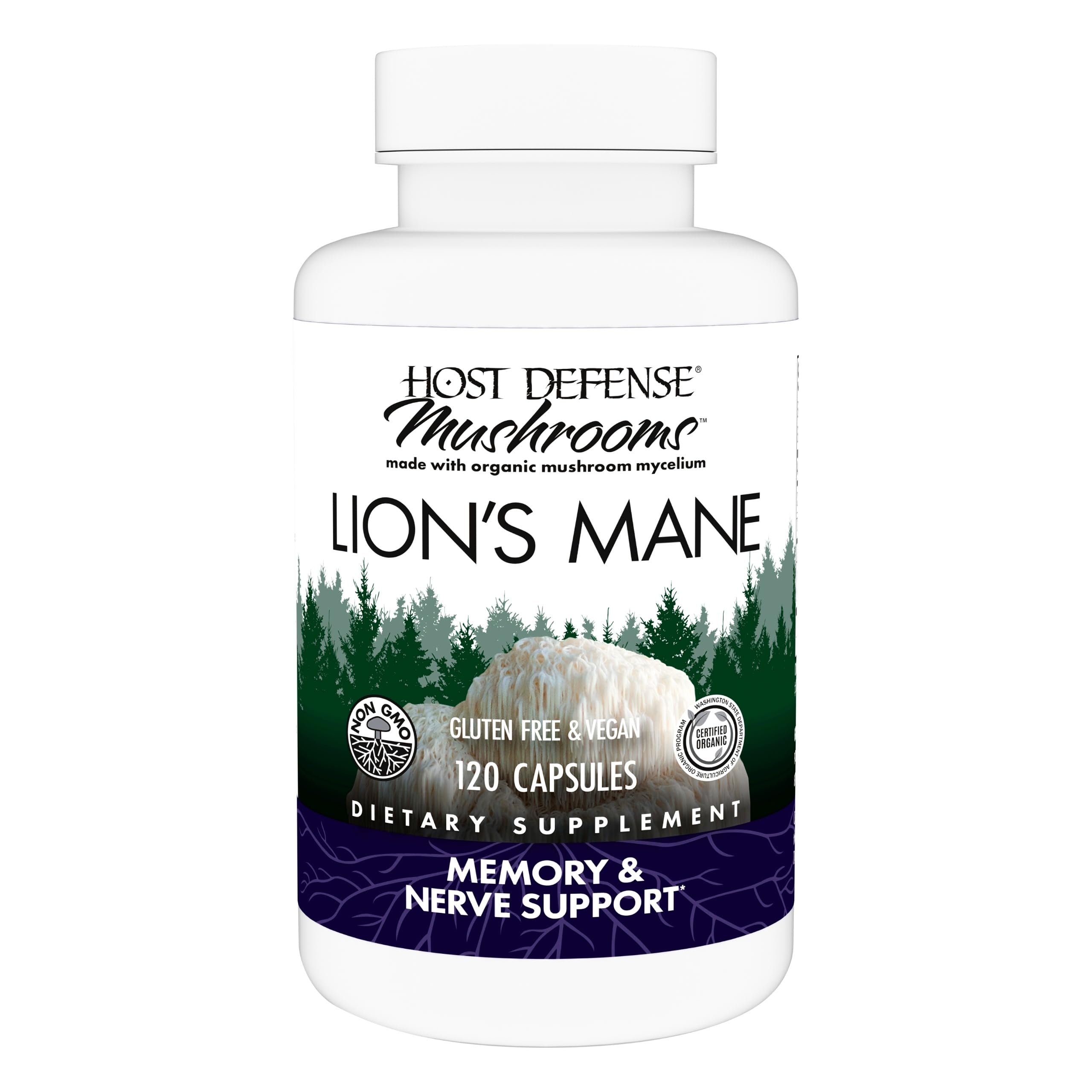 Host Defense Lion's Mane bottle and capsules, supporting focus and cognitive clarity.