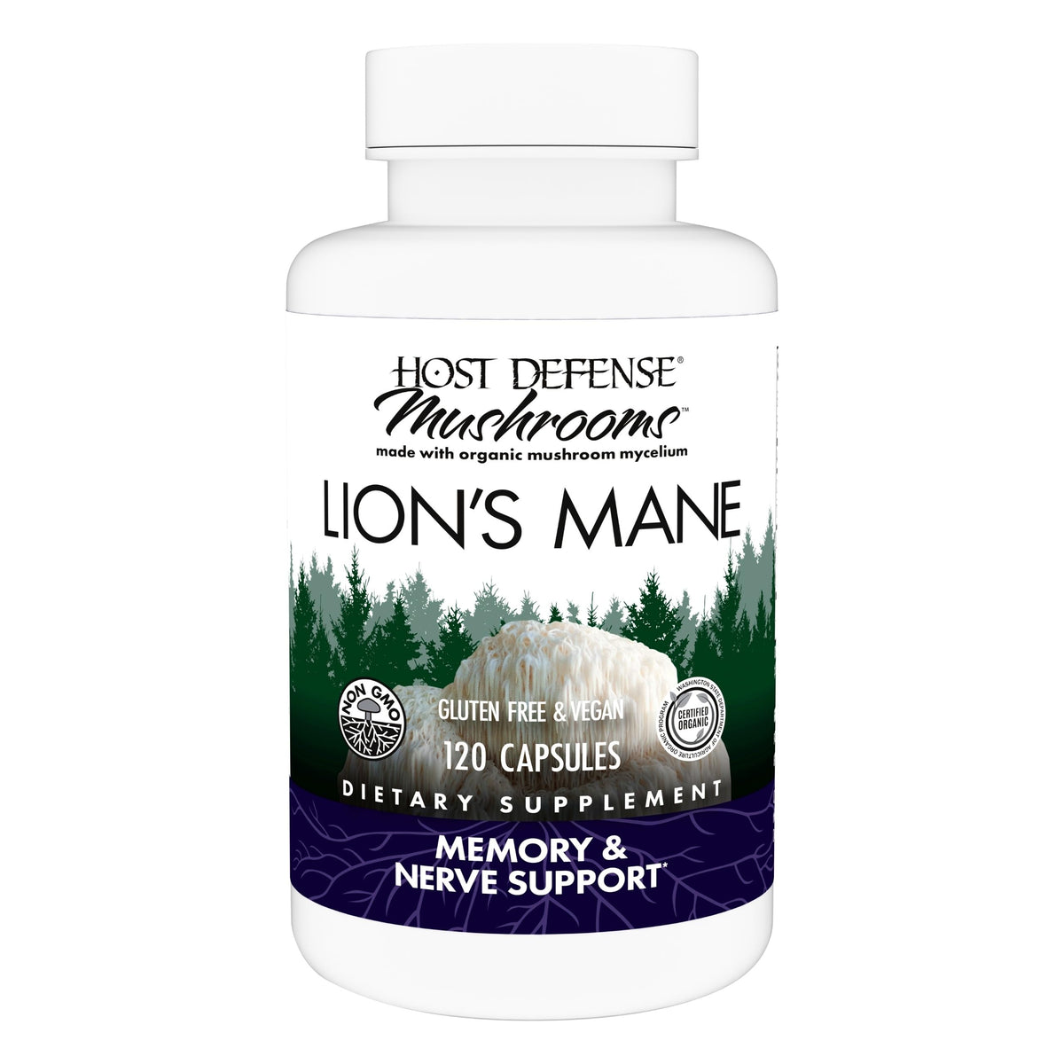 Host Defense Lion's Mane bottle and capsules, supporting focus and cognitive clarity.