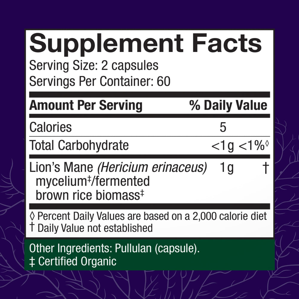 Host Defense Lion's Mane capsules close-up for daily brain support during work.