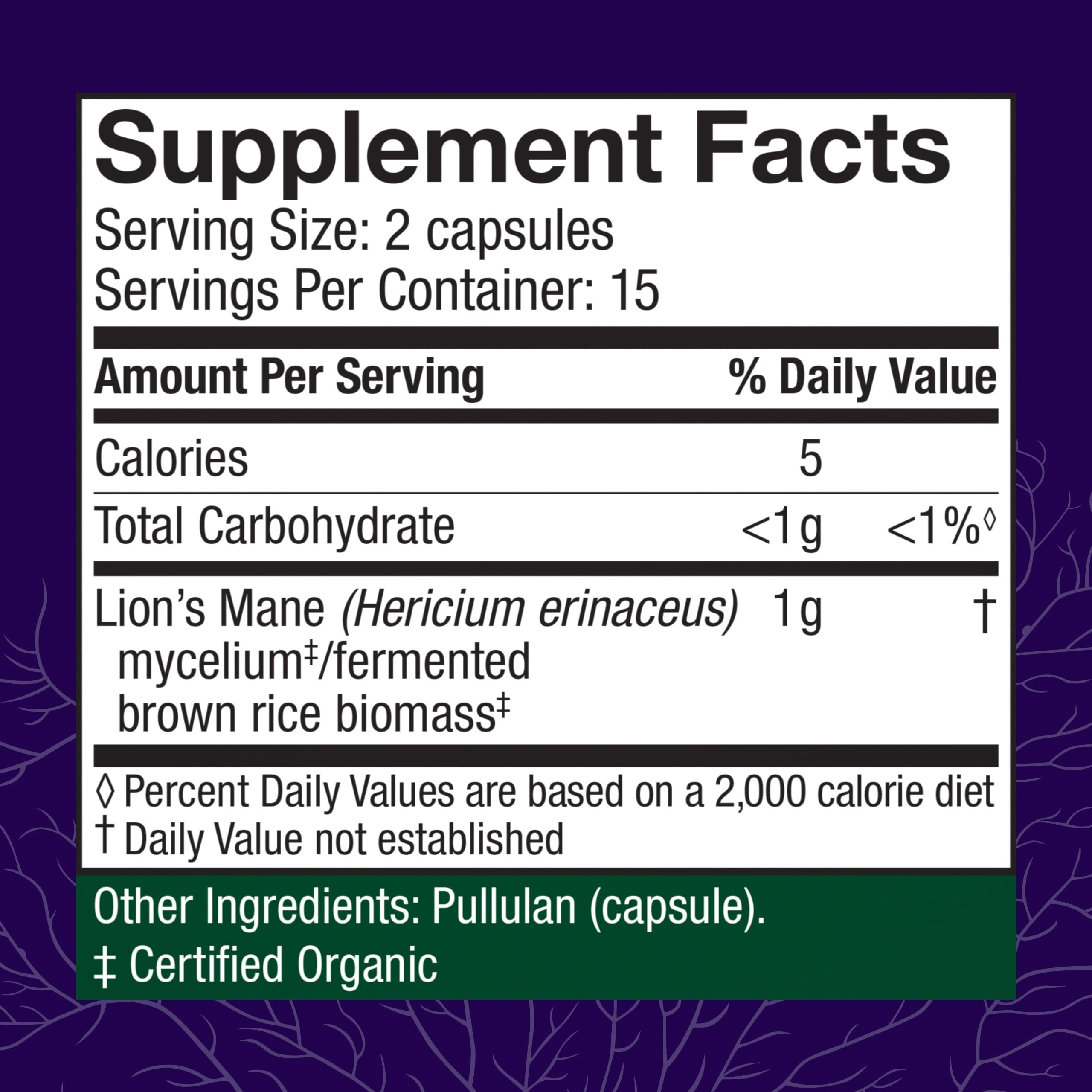 Host Defense Lion's Mane capsules close-up highlighting natural ingredients