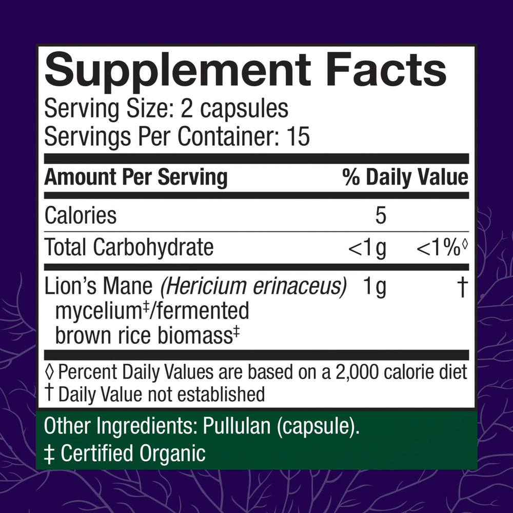 Host Defense Lion's Mane capsules close-up highlighting natural ingredients