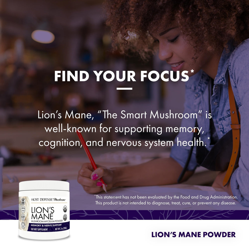 Host Defense Lions Mane Powder in a teacup suggests versatile daily use