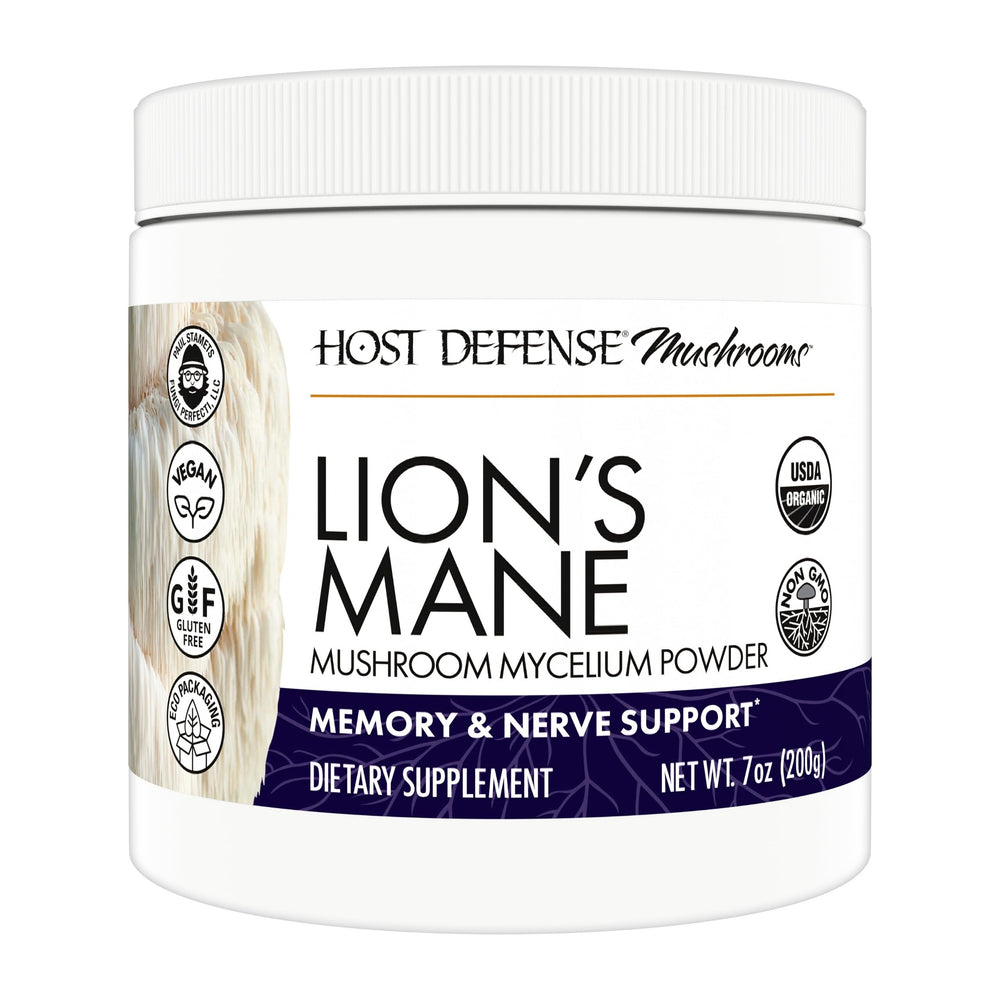 Host Defense Lions Mane Powder jar front view supports daily brain health