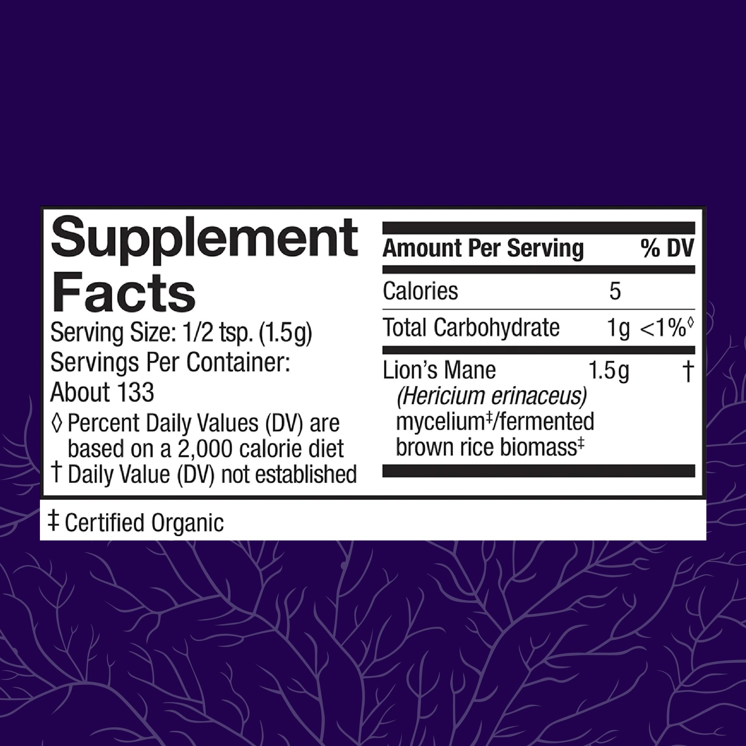 Host Defense Lions Mane Powder label close-up highlights organic, non-GMO formula