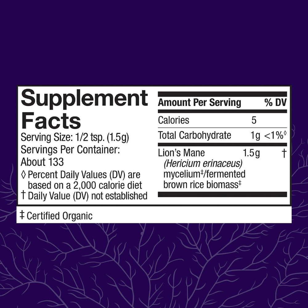 Host Defense Lions Mane Powder label close-up highlights organic, non-GMO formula
