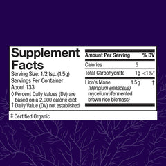 Host Defense Lions Mane Powder label close-up highlights organic, non-GMO formula