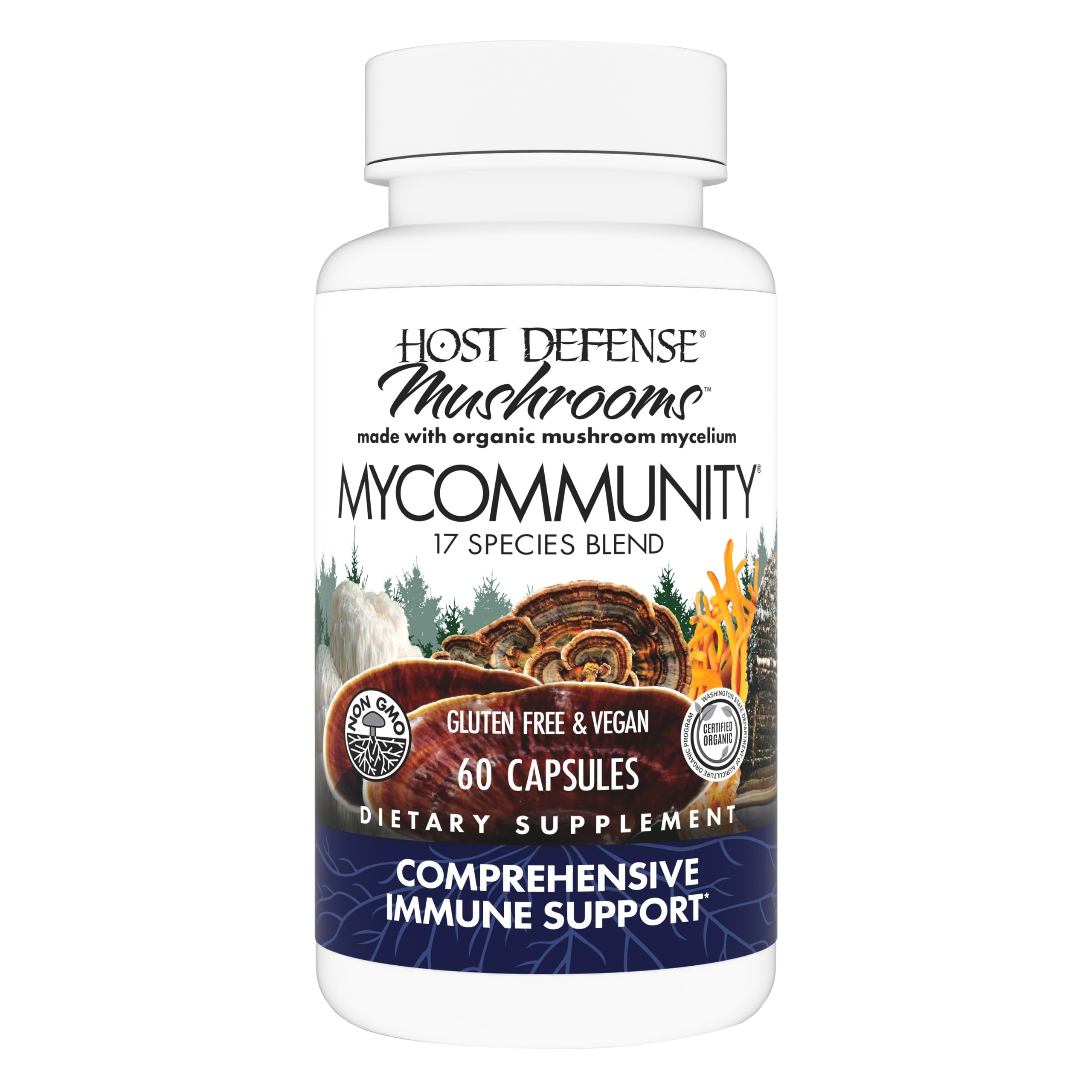 Host Defense MyCommunity bottle displays 60 vegan capsules for daily immune support.