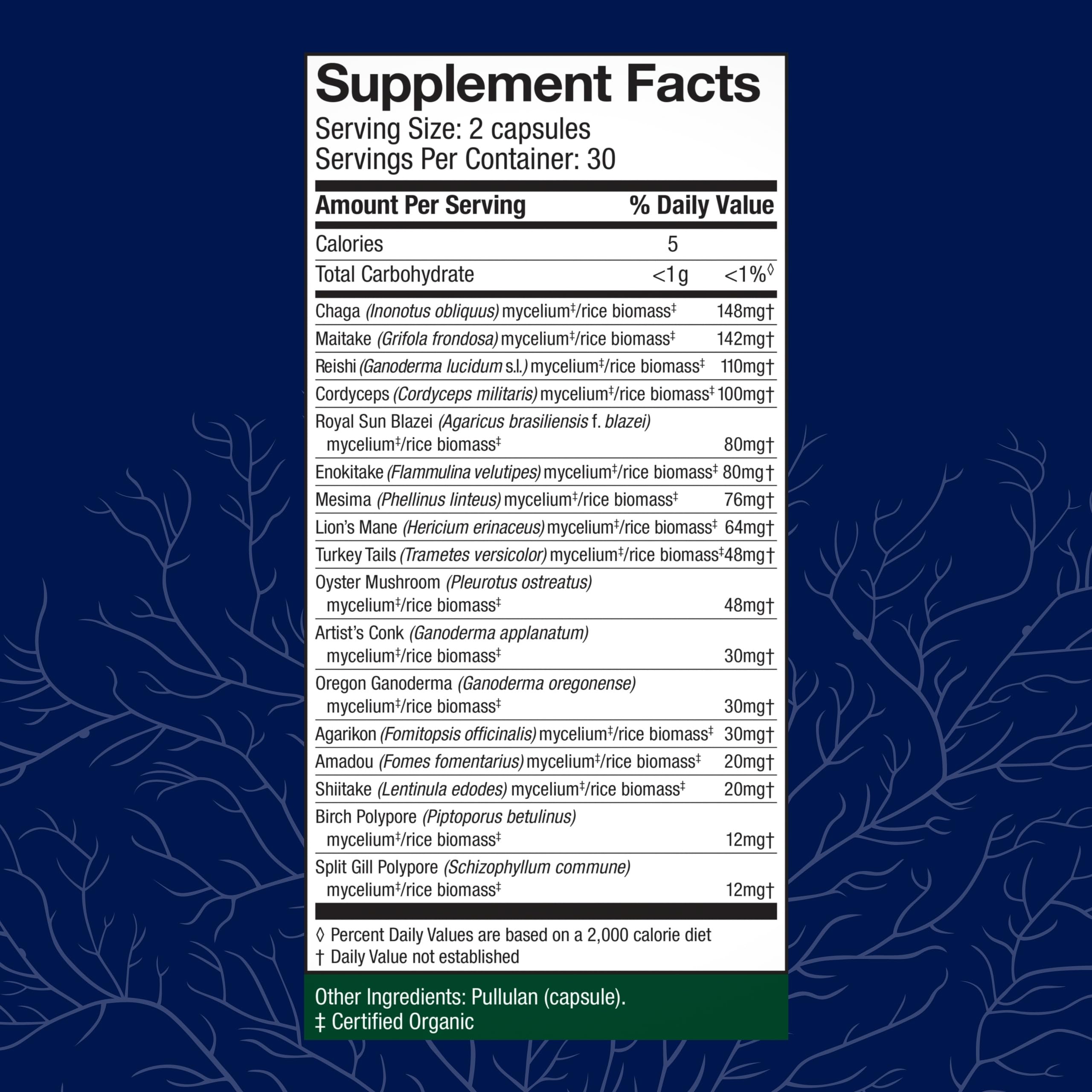 Host Defense MyCommunity capsules closeup highlighting the 17-species mushroom blend.