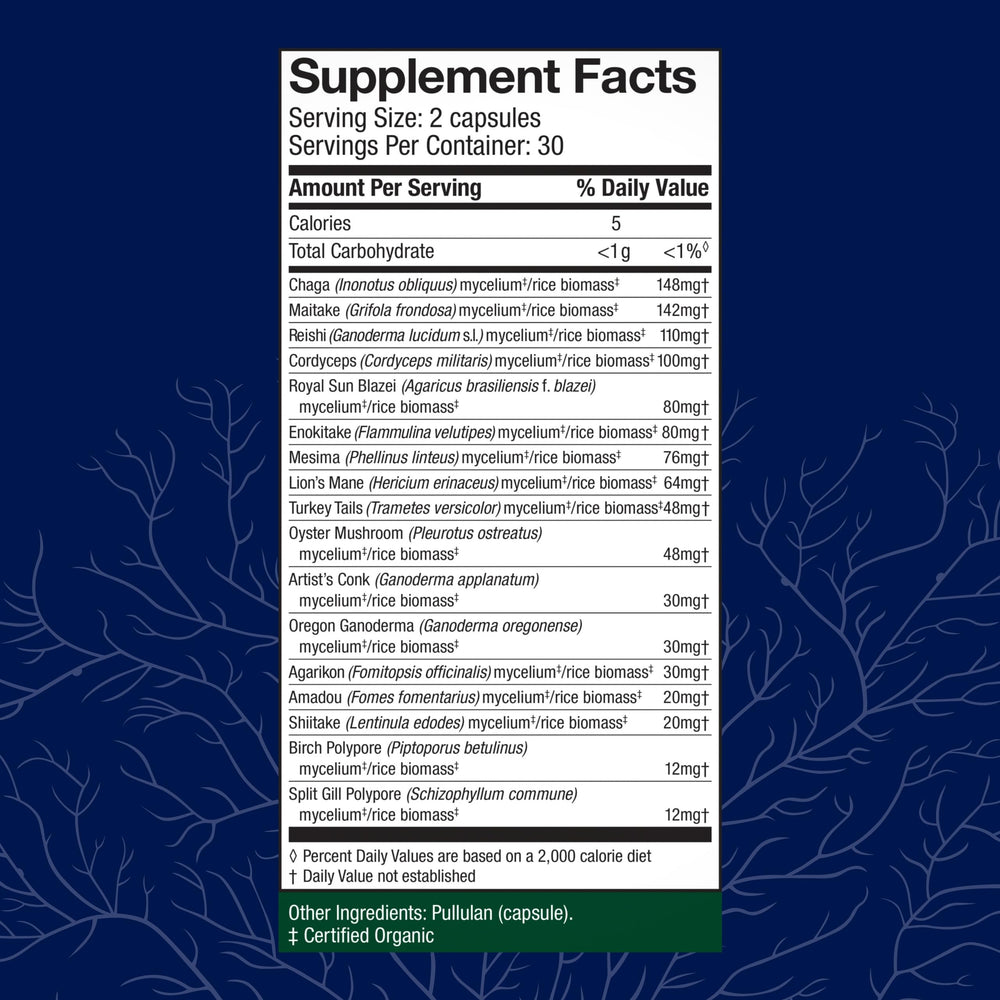 Host Defense MyCommunity capsules closeup highlighting the 17-species mushroom blend.