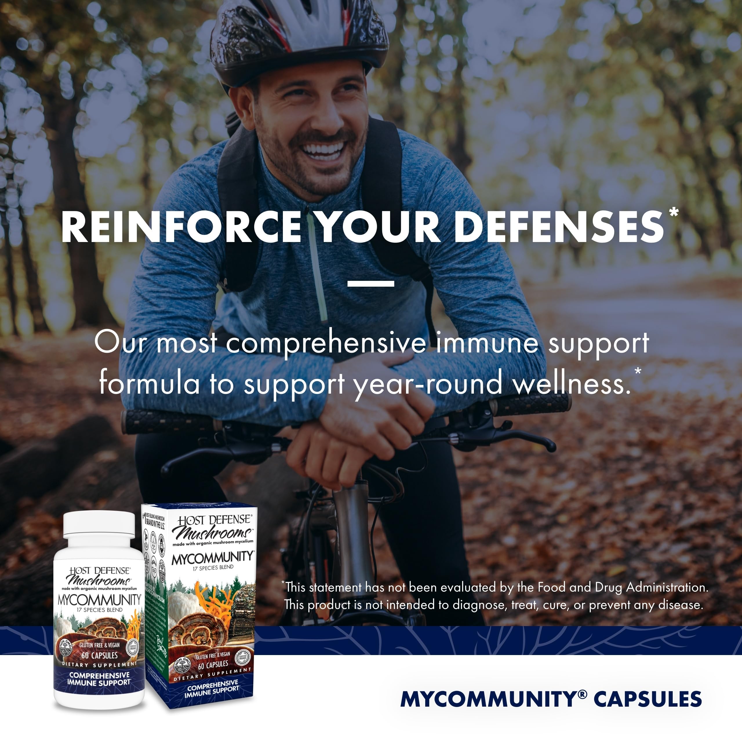 Host Defense MyCommunity ingredients-panel reveals fermented mushroom mycelium on brown rice.