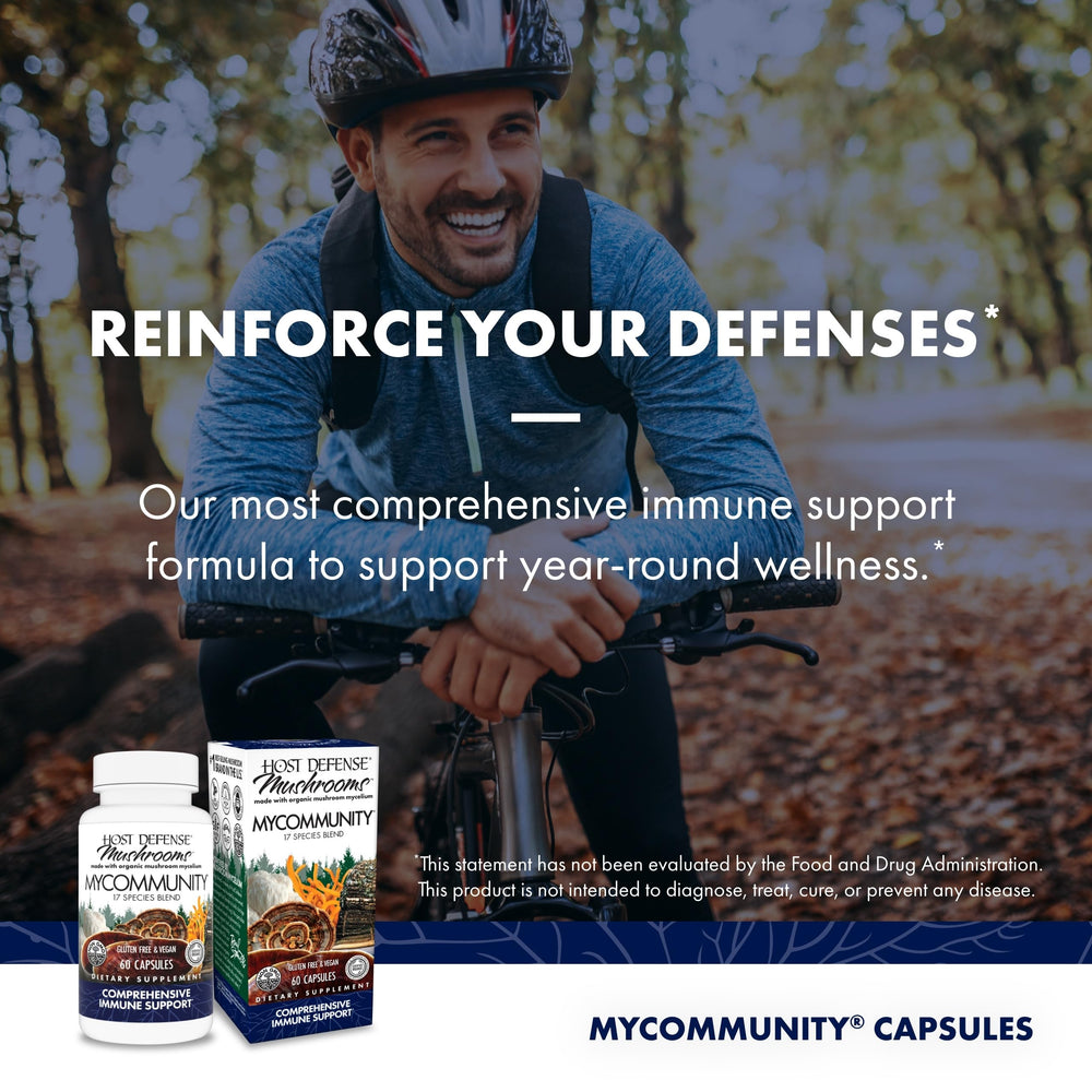 Host Defense MyCommunity ingredients-panel reveals fermented mushroom mycelium on brown rice.