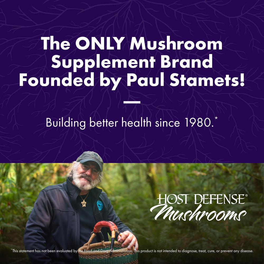 Host Defense MyCommunity label front emphasizes organic, USA-grown ingredients.