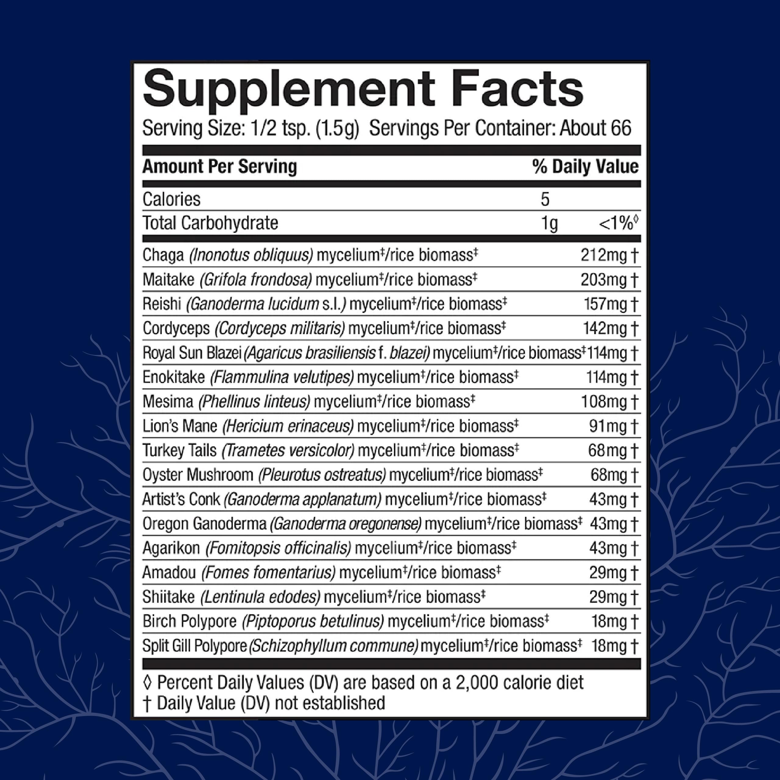 Host Defense MyCommunity Powder back label with organic, non-GMO, gluten-free certifications