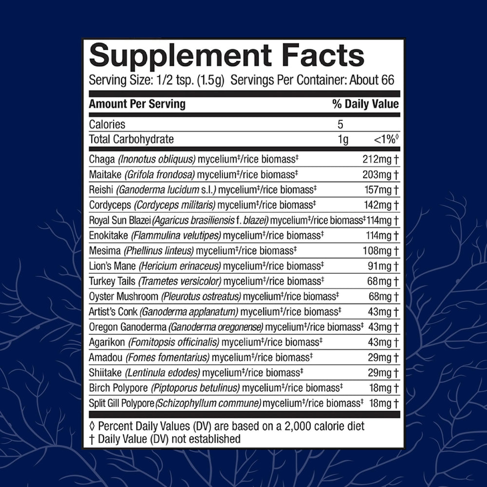 Host Defense MyCommunity Powder back label with organic, non-GMO, gluten-free certifications