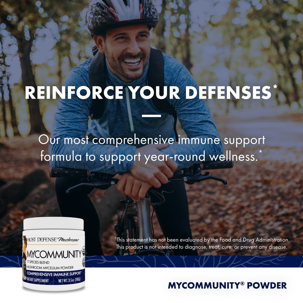 Host Defense MyCommunity Powder bottle pour shot illustrating easy mixing