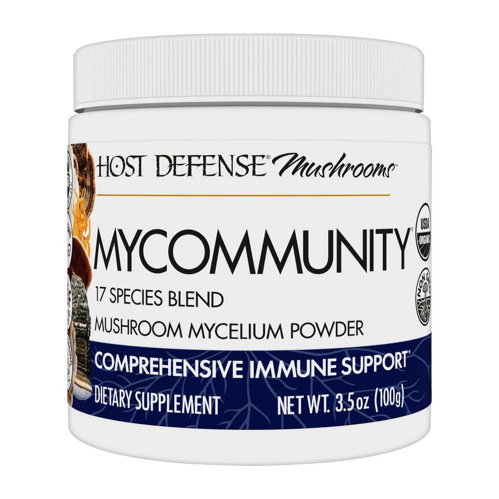 Host Defense MyCommunity Powder bottle front view showing a seventeen-species blend for potential immune support