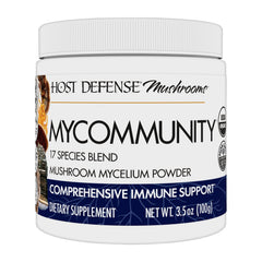 Host Defense MyCommunity Powder bottle front view showing a seventeen-species blend for potential immune support