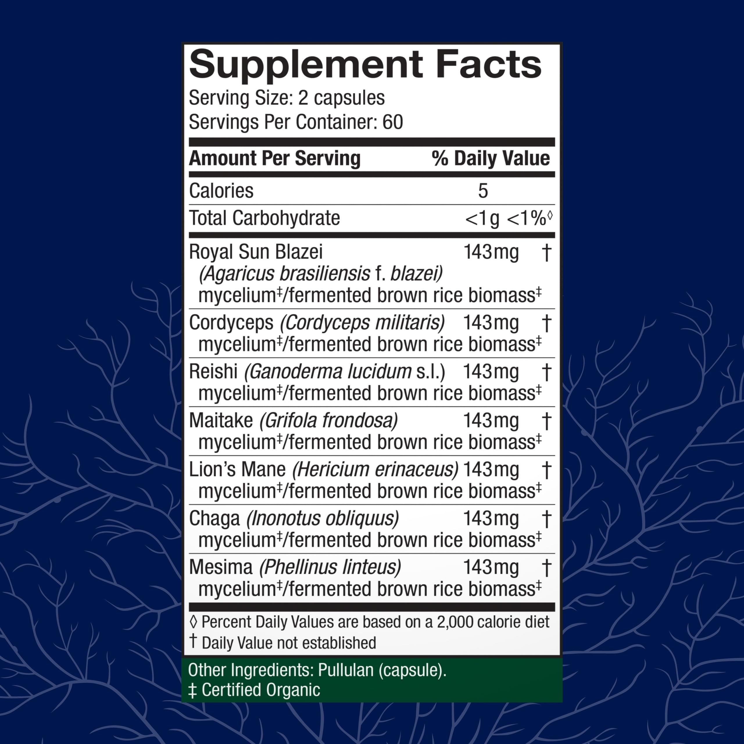 Royal Sun Blazei capsules from Stamets 7-7 highlighting immune support.