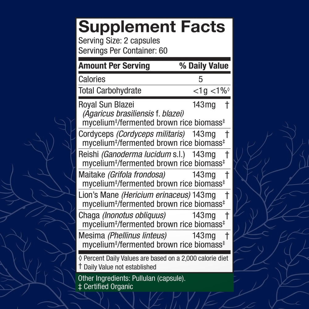 Royal Sun Blazei capsules from Stamets 7-7 highlighting immune support.