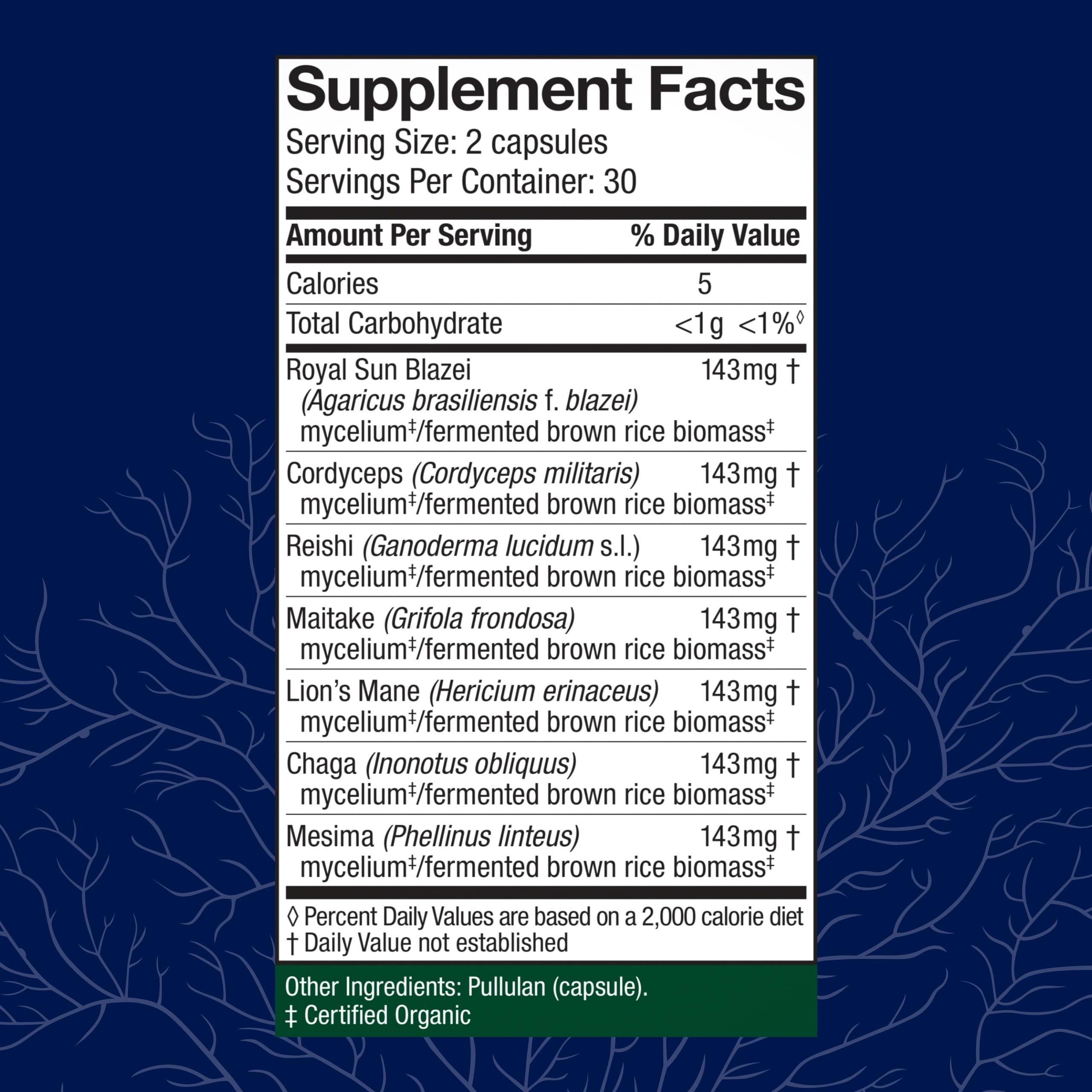 Host Defense Stamets 7 bottle side label highlighting organic gluten-free formula