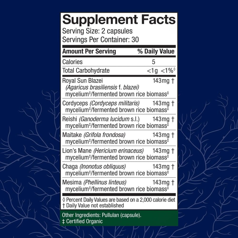 Host Defense Stamets 7 bottle side label highlighting organic gluten-free formula