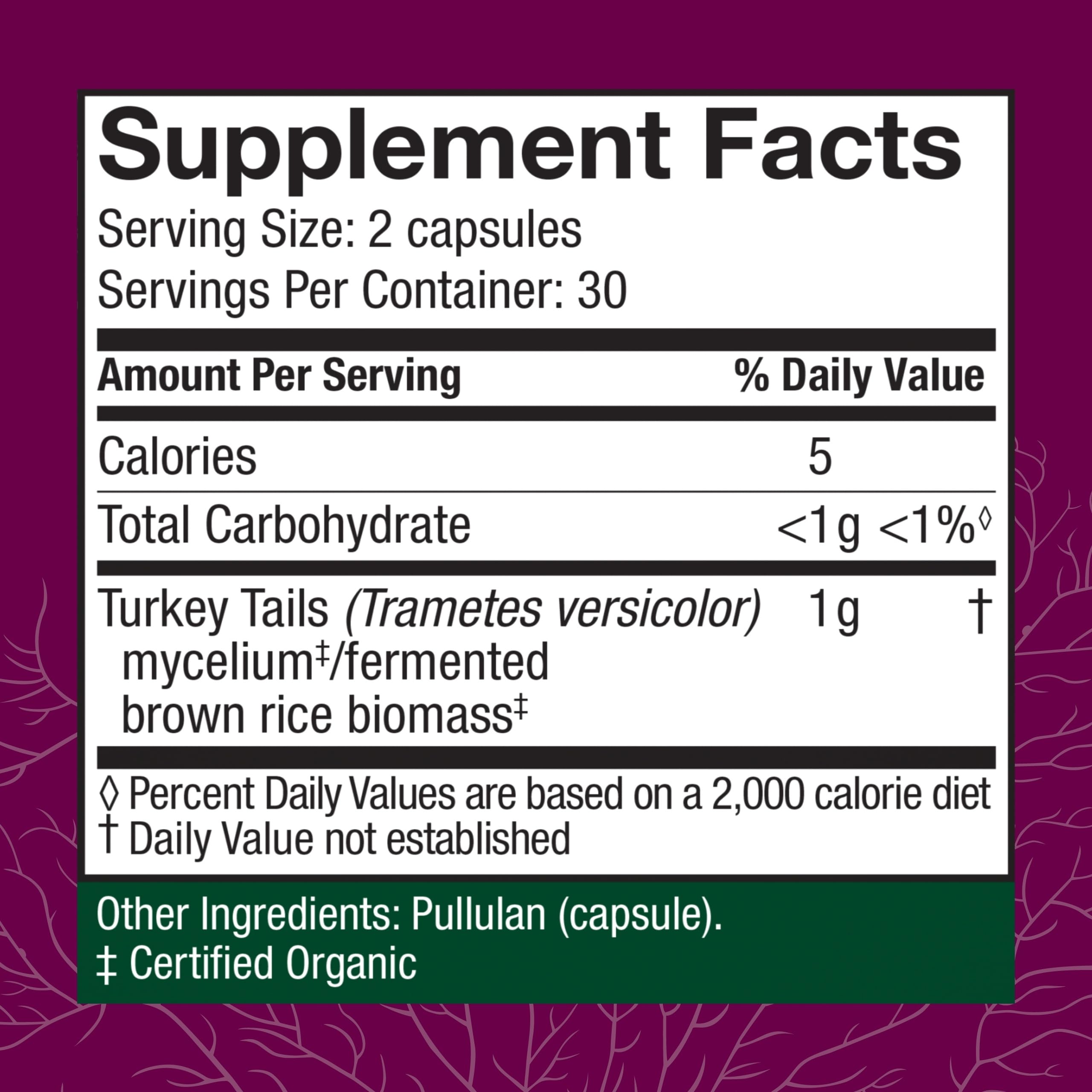 Host Defense Turkey Tail capsules bottle side showing dosage and gut health support.