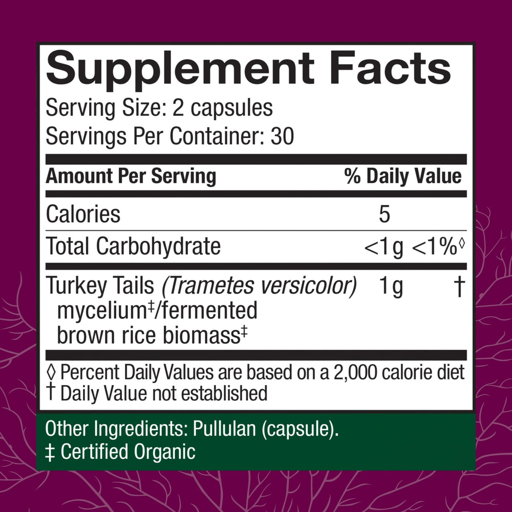 Host Defense Turkey Tail capsules bottle side showing dosage and gut health support.