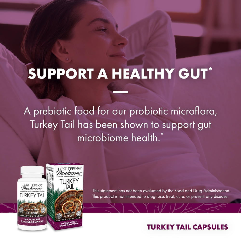 Host Defense Turkey Tail capsules open with capsules visible for easy daily use.