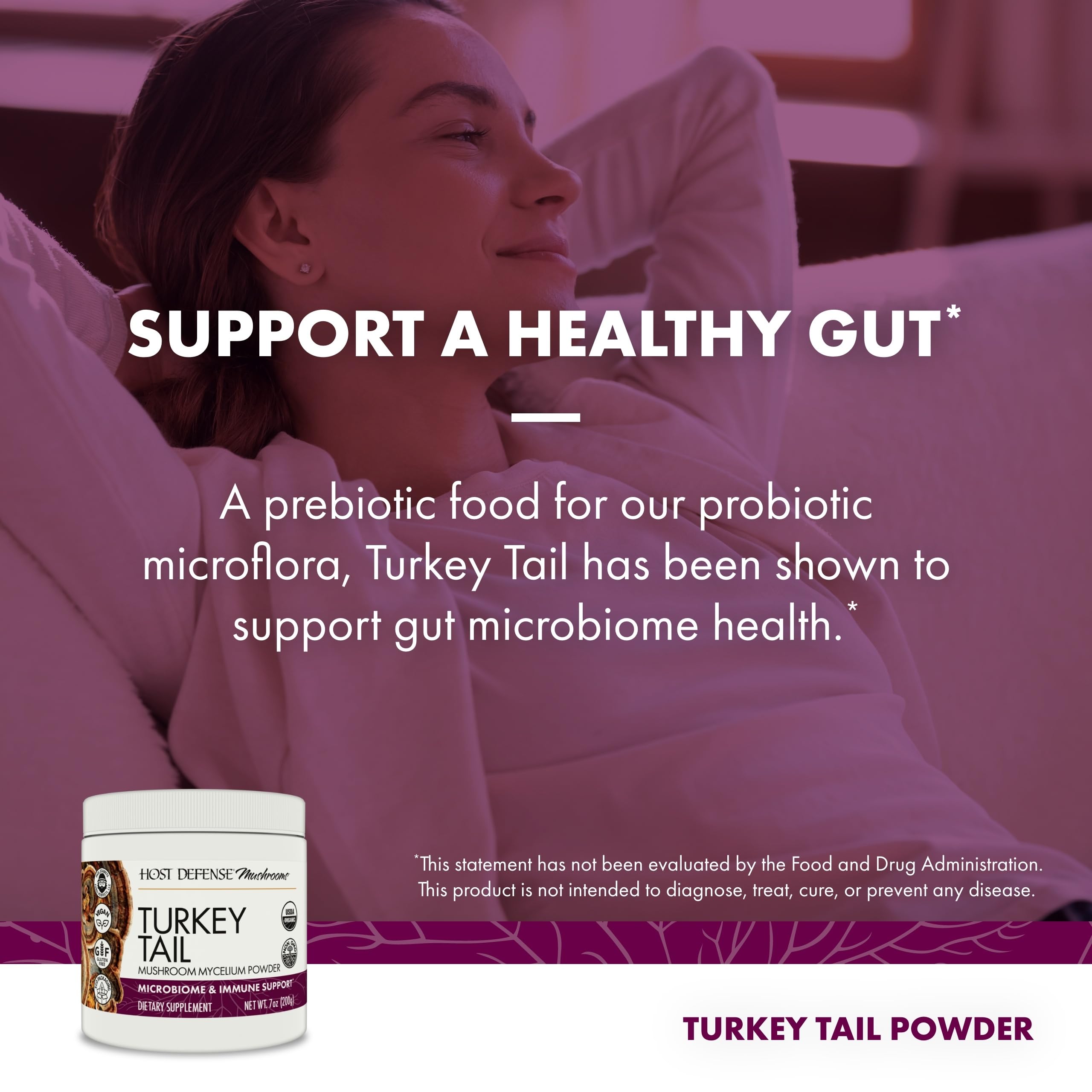 Host Defense powder being stirred into a drink to support gut health.