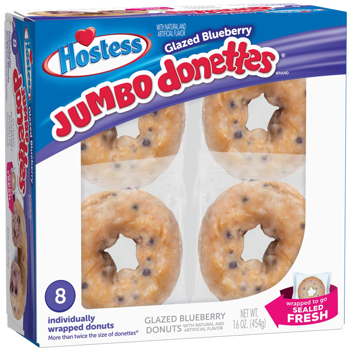 Hostess Blueberry Glazed Donettes 8-count package on kitchen counter, ideal for quick breakfasts.