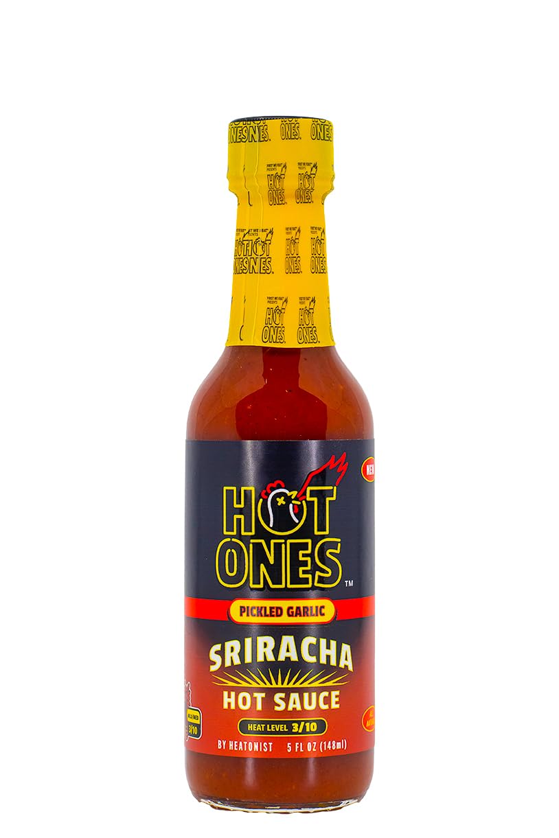 HOT ONES Pickled Garlic Sriracha bottle close-up shows vibrant color for bold flavor.