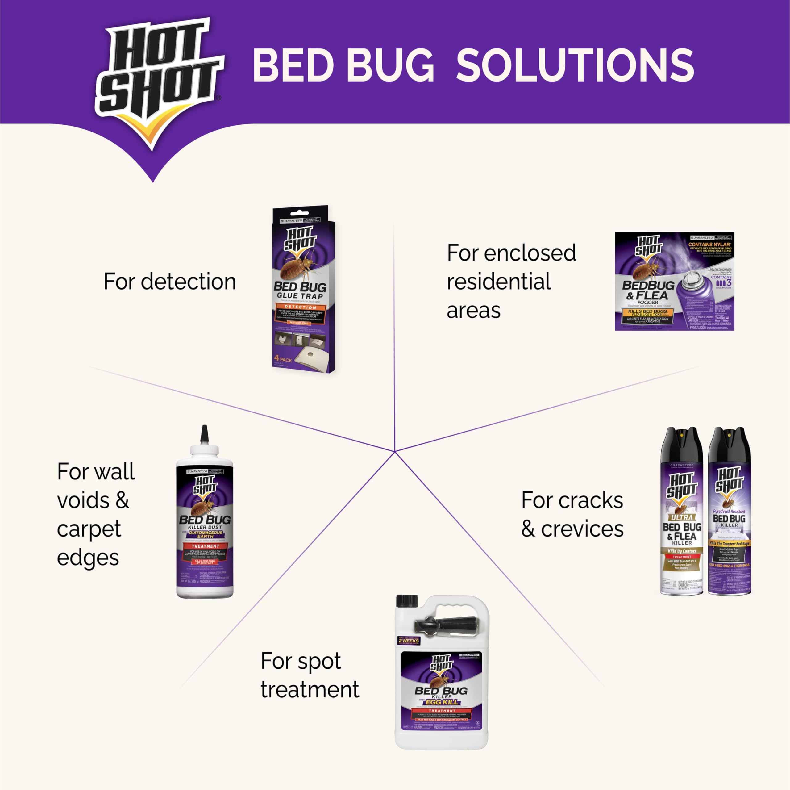 Six cans are shown in Hot Shot BedBug & Flea Fogger pack.