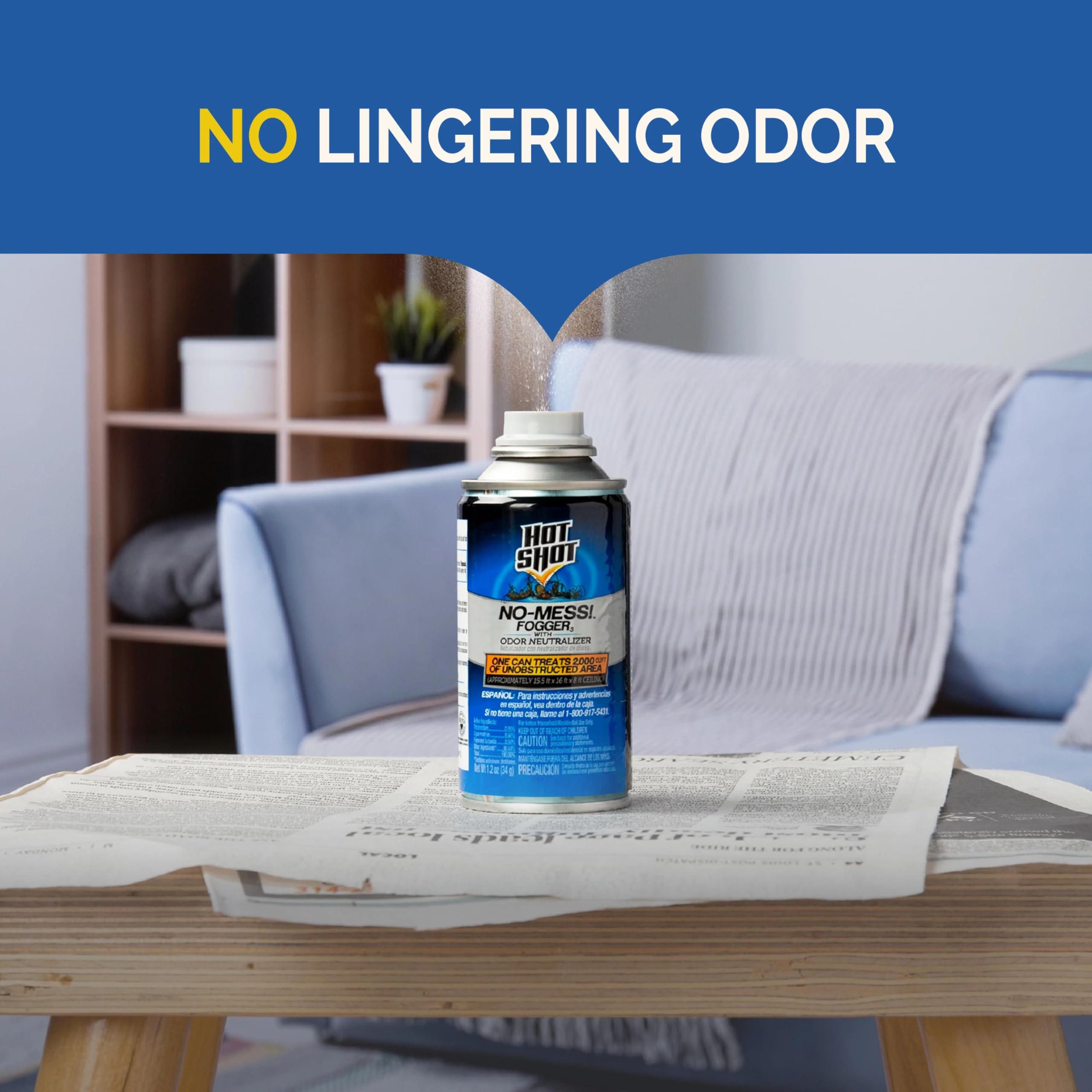 Hot Shot No-Mess Fogger kills on contact in living spaces