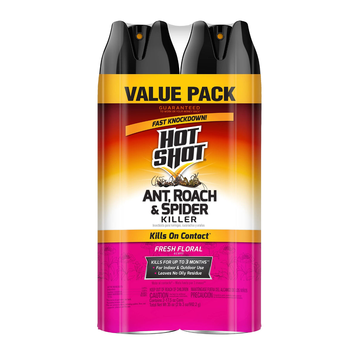 Hot Shot twin-pack front label, ready-to-use pest solution for homes.