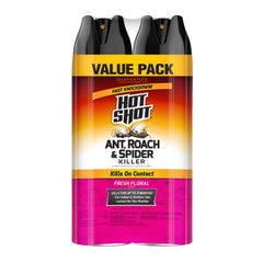 Hot Shot twin-pack front label, ready-to-use pest solution for homes.