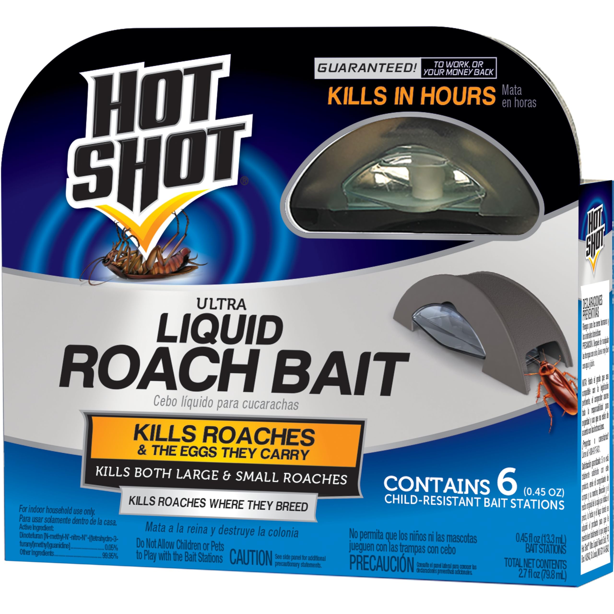 Hot Shot Ultra Liquid Roach Bait six-pack on kitchen counter attracts roaches and kills nearby eggs