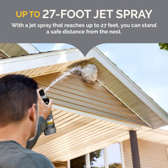 Hot Shot Wasp & Hornet Killer demonstrates outdoor-use emphasis with a safe-distance spray reach.