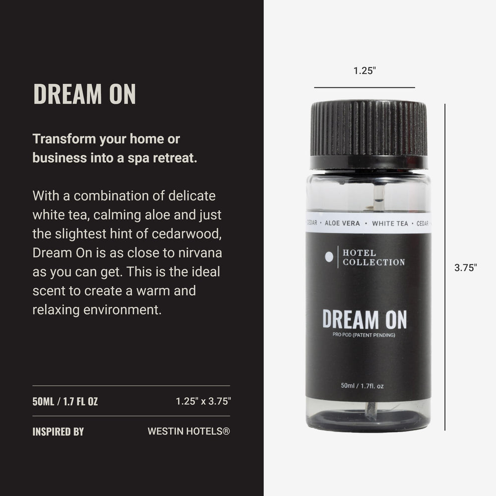 Bottle of Dream On Pro-Pod oil ready for diffuser in a modern living room.