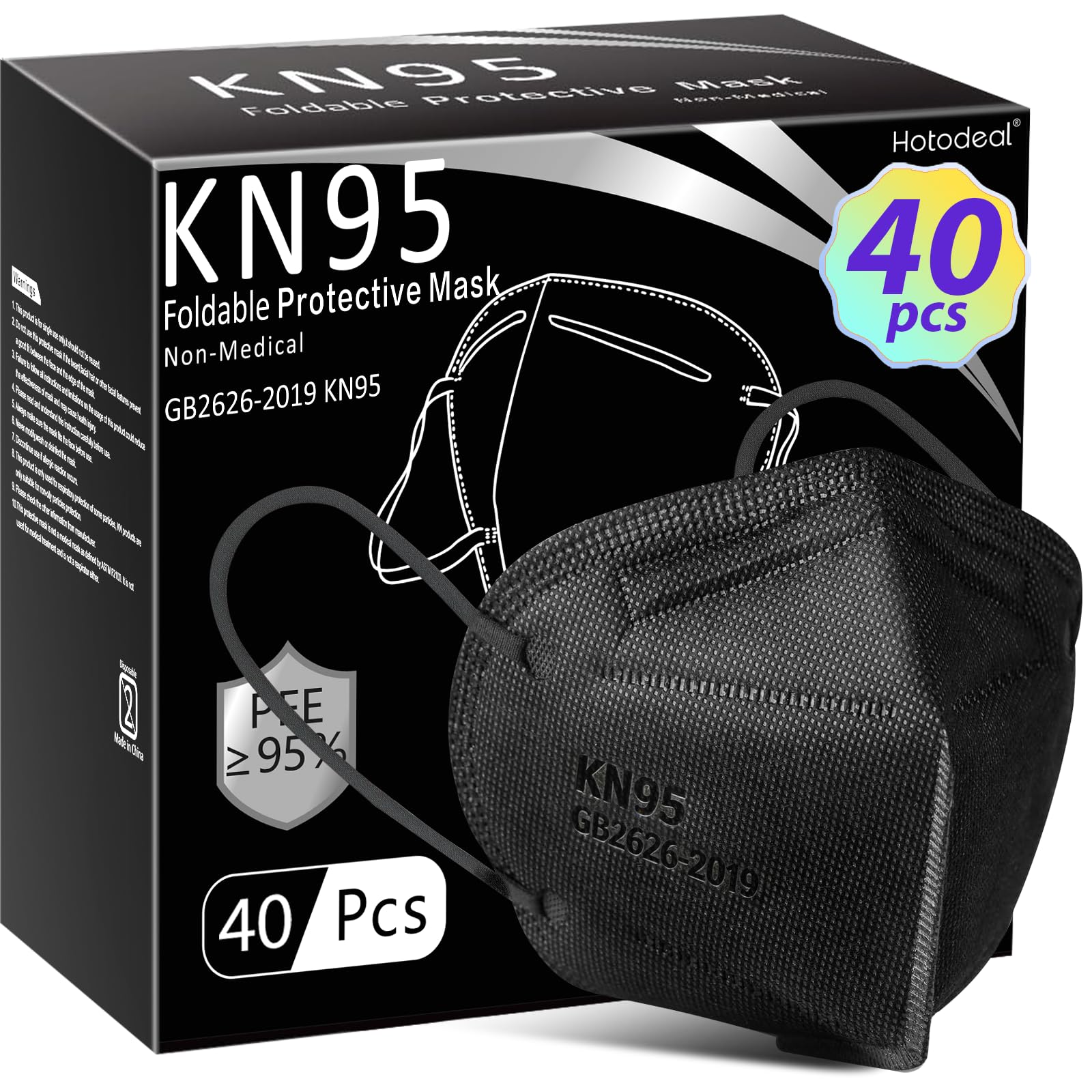 Hotodeal KN95 mask black front view; comfortable adult fit for daily wear.