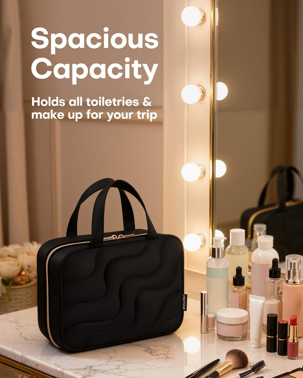 HOTOR Hanging Toiletry Bag hook for easy hanging in hotel setups.