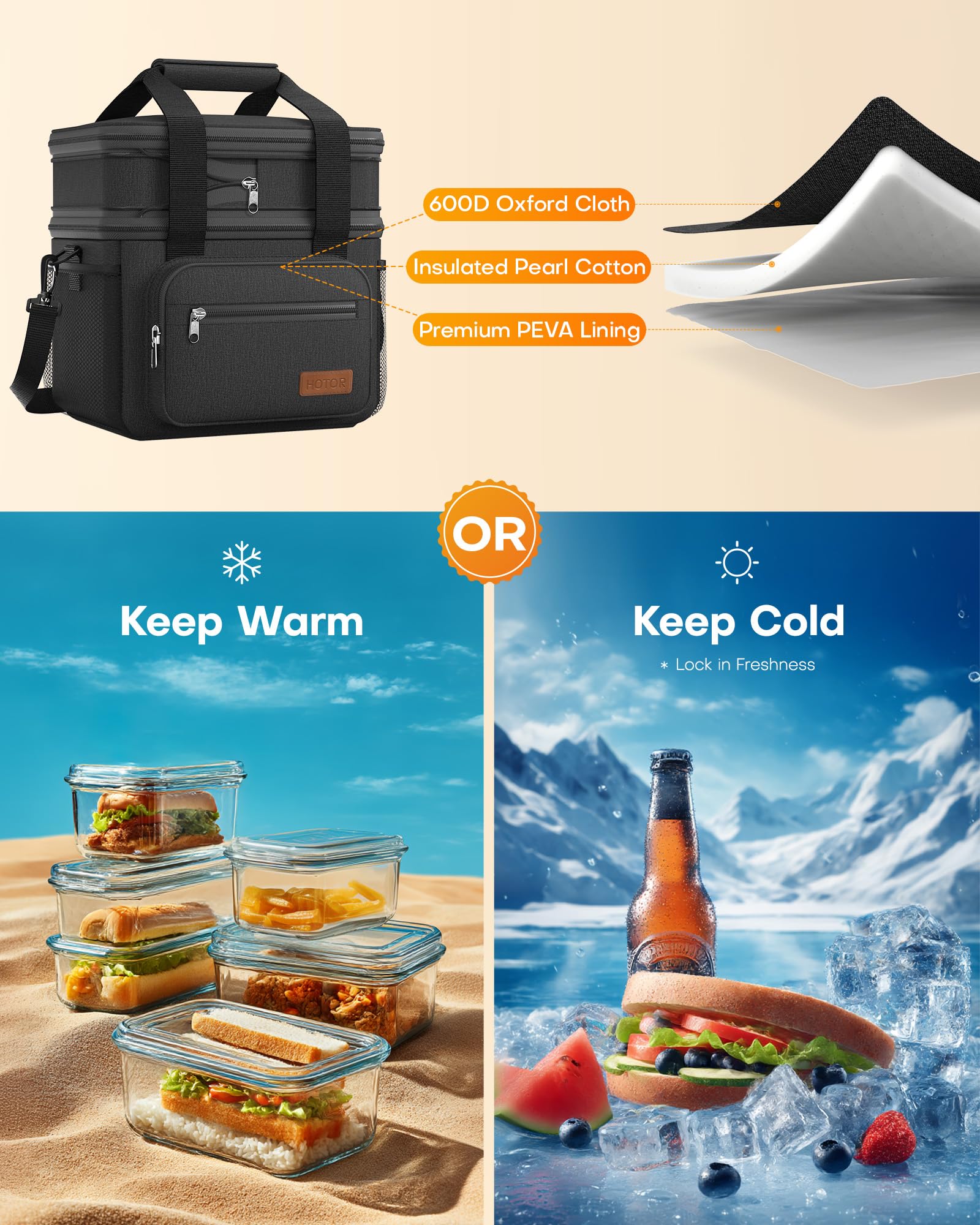HOTOR lunch box expandable compartment showing extra packing space for meals