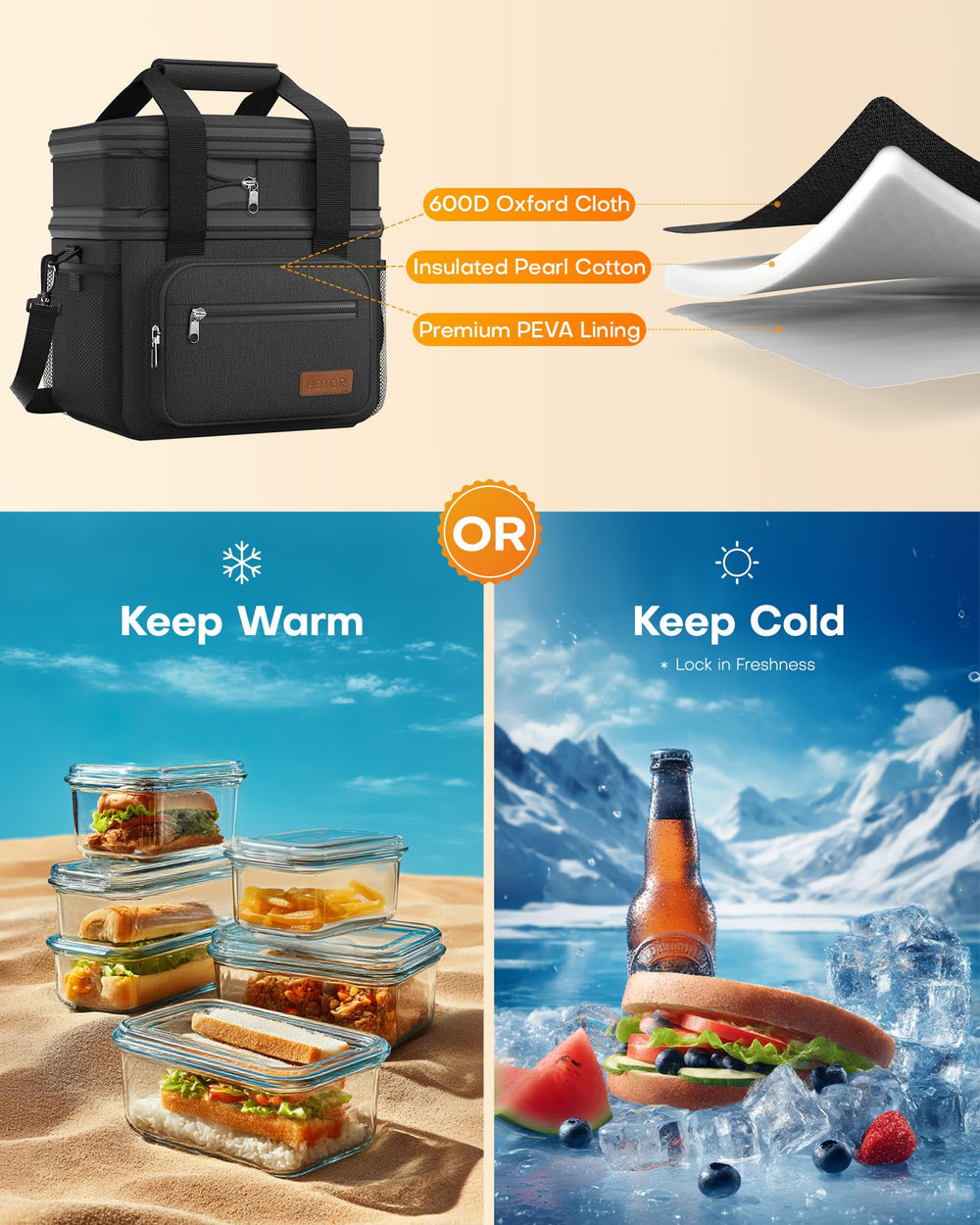 HOTOR lunch box expandable compartment showing extra packing space for meals