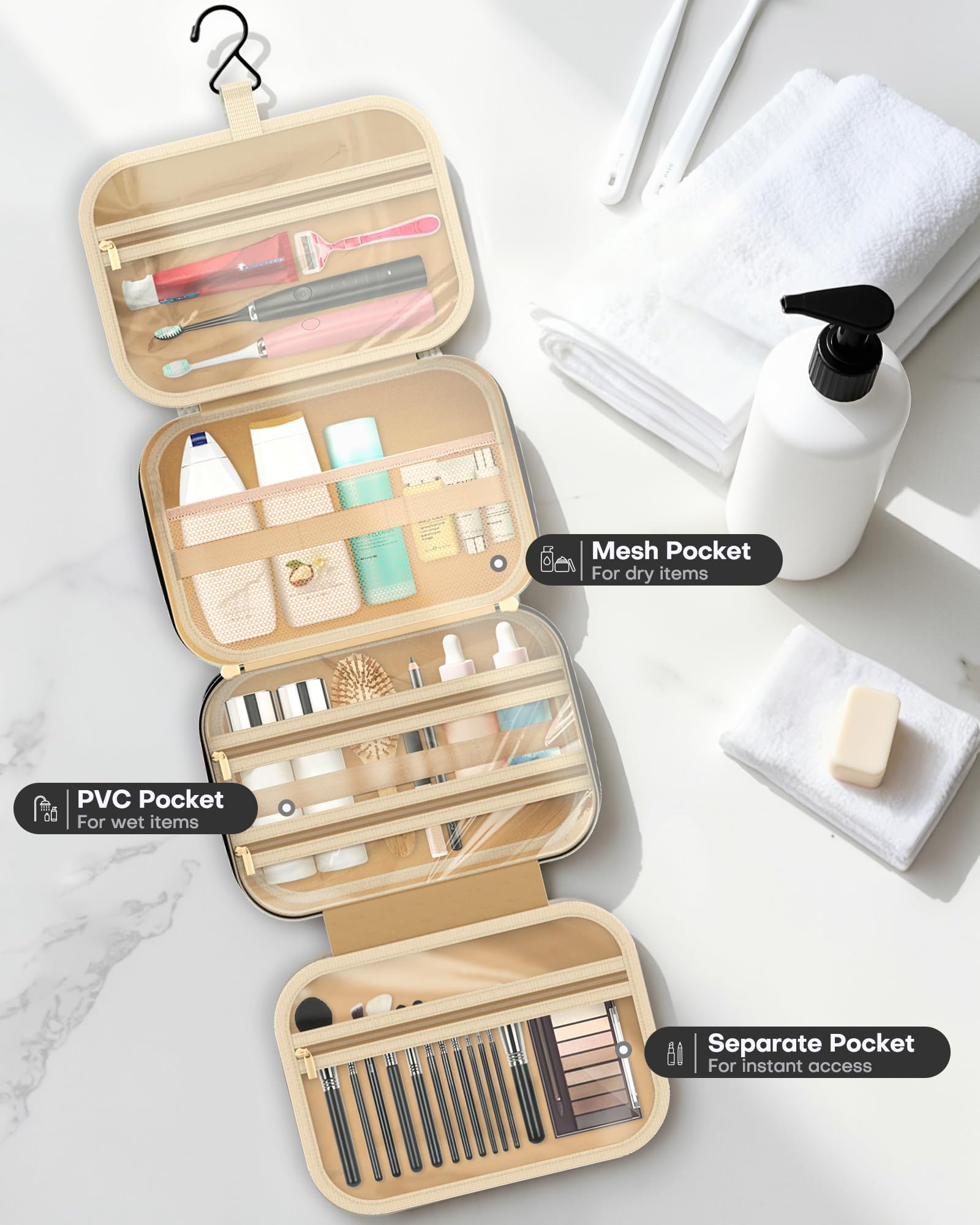 HOTOR Toiletry Bag elastic bottle holders keep contents upright and secure.