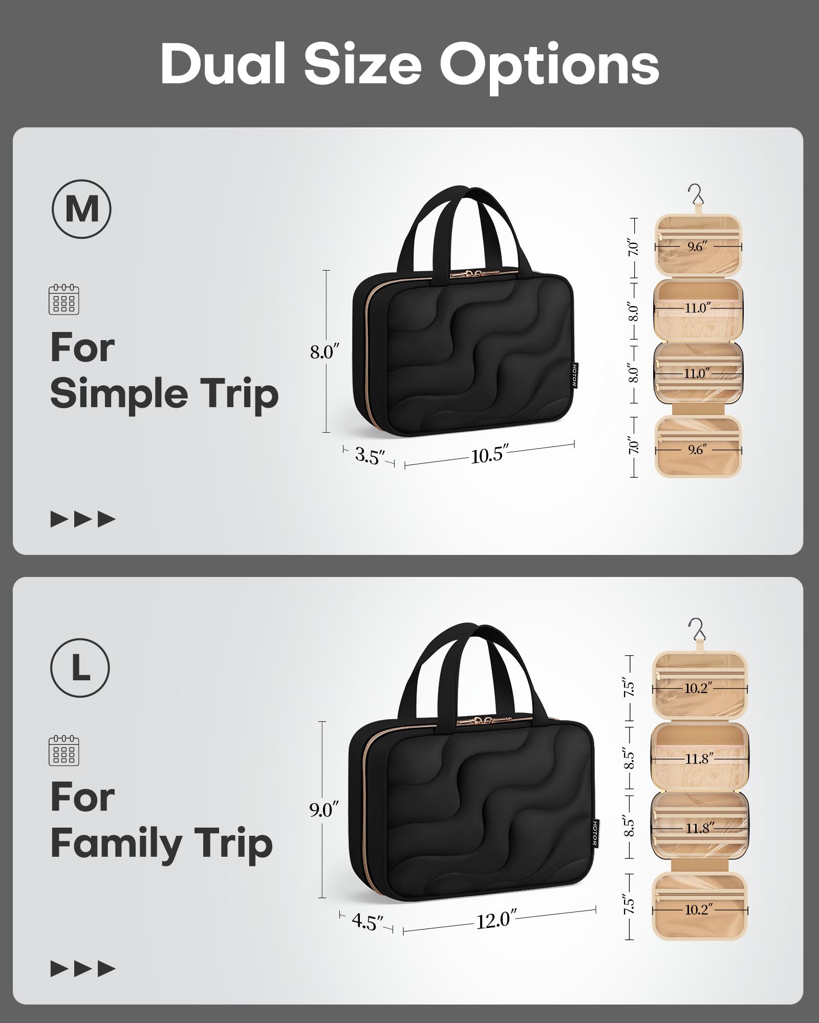 HOTOR Toiletry Bag wet/dry separation pockets simplify travel hygiene.