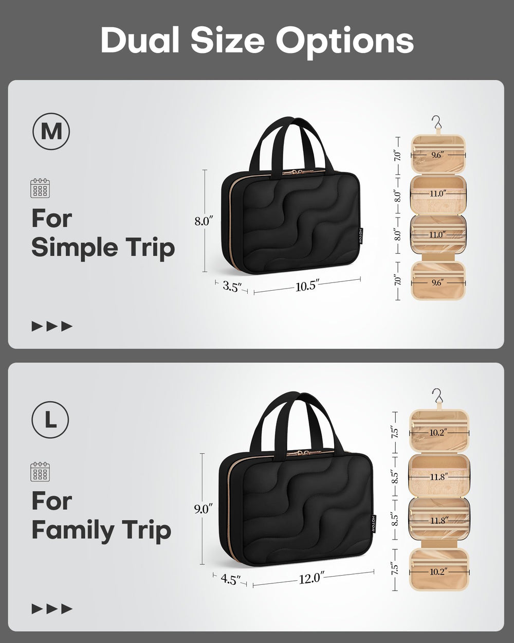 HOTOR Toiletry Bag wet/dry separation pockets simplify travel hygiene.