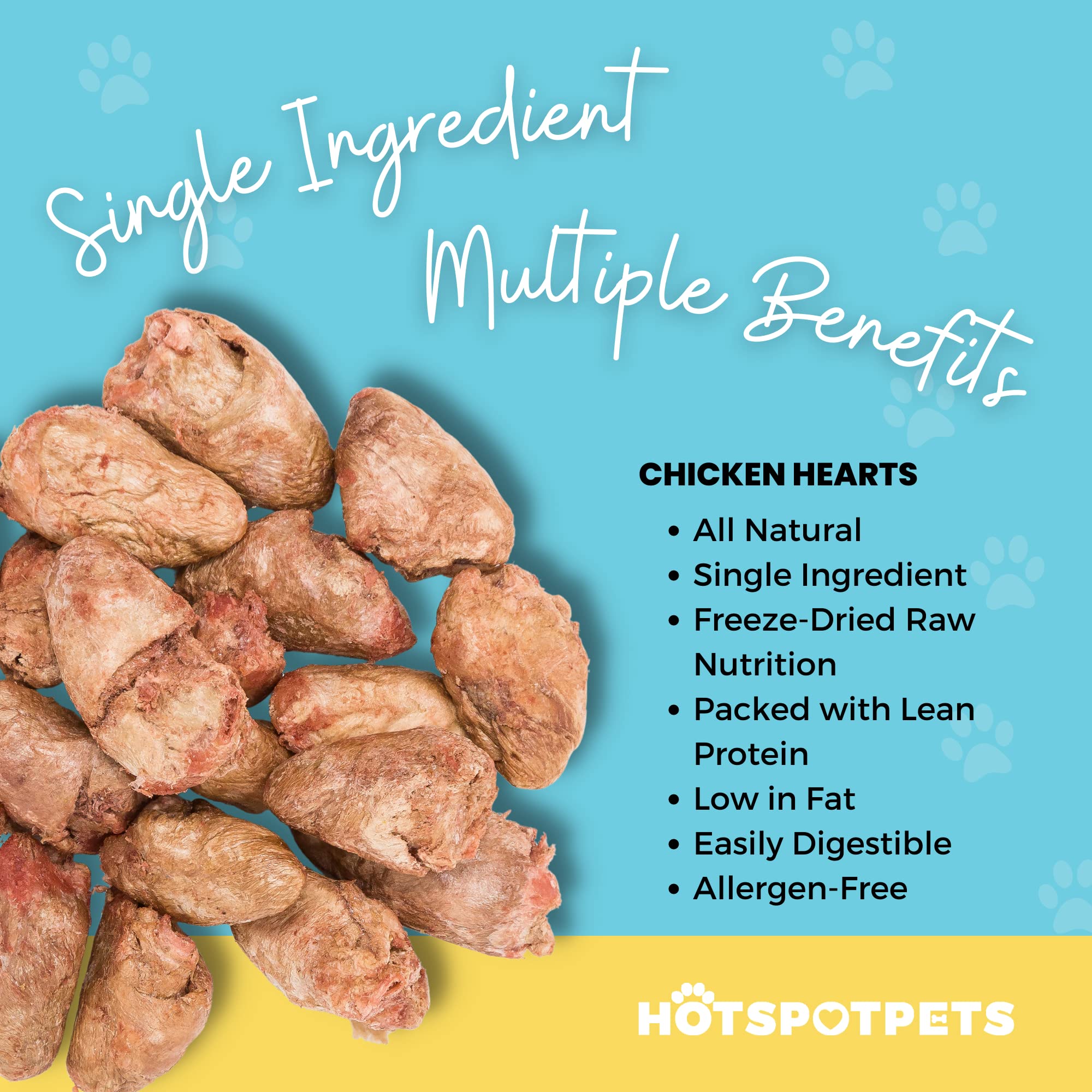 Hotspot Pets 1lb bag of freeze dried chicken hearts, real-food snack for cats and dogs.