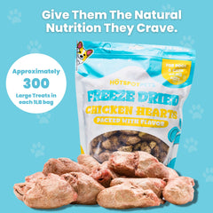 Hotspot Pets freeze dried chicken hearts, resealable bag for convenient topping on dry kibble.