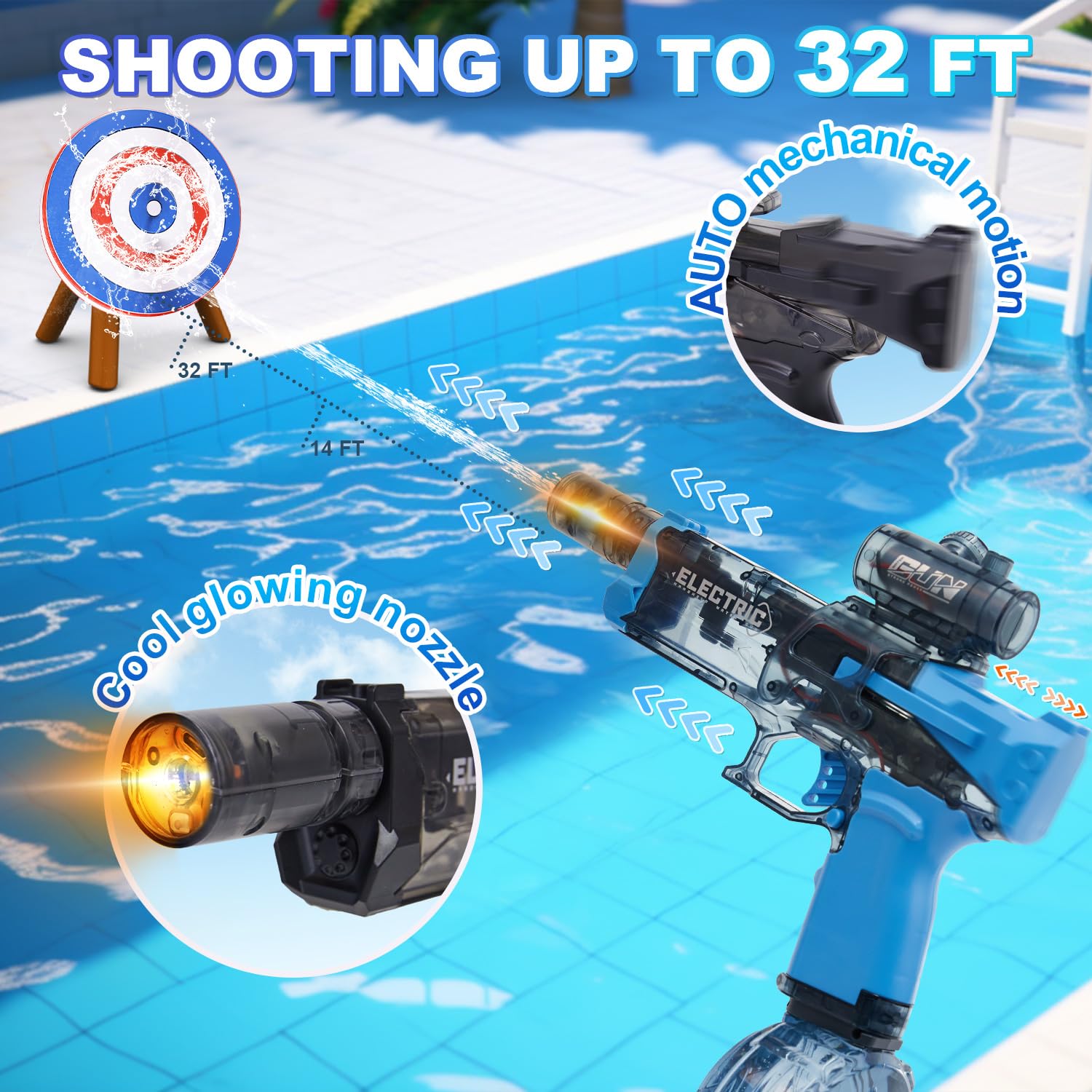 Houscly water gun delivers 32-foot range for extended play.