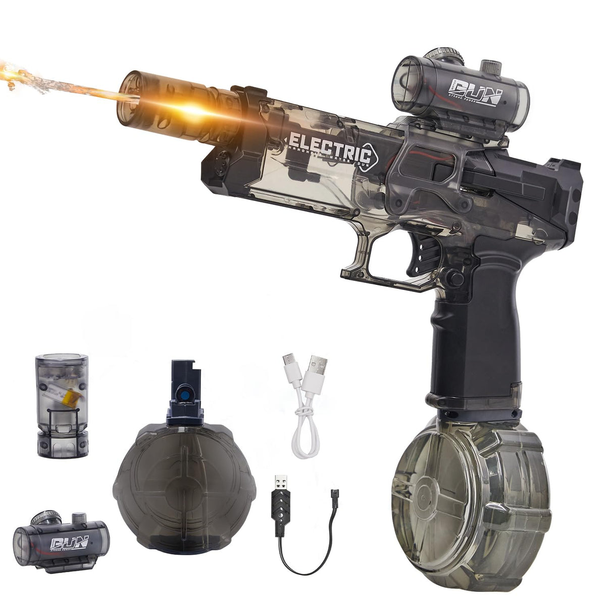 Houscly electric water gun with LED muzzle for night battles.