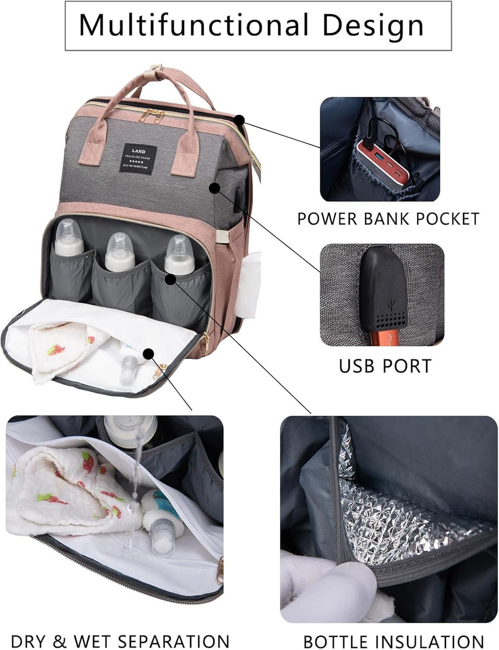 Houscly USB-port diaper bag for on-the-go device charging